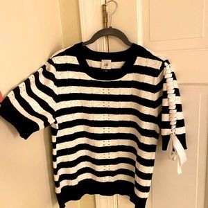 CAbi Runway pullover striped sweater. NWOT. Medium. Black white ribbon detail!